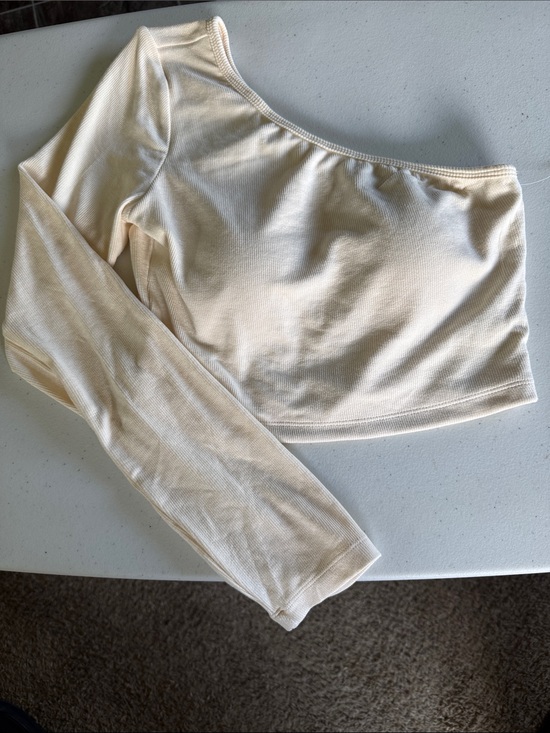 Klassy Network Tops - Klassy Network Cream Long Sleeve One Shoulder Crop Top